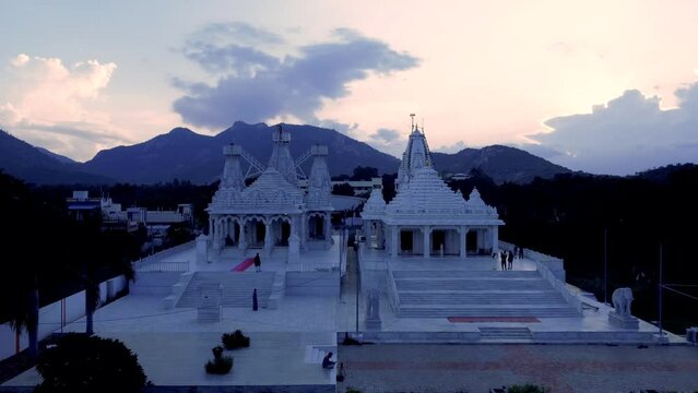 Tirupati, Sri Laxmi Narayan temple, India 4th August 2022: Aerial footage of a rare Laxmi narayan temple. Temples of India. 4k video. Hindu temples are also known as Mandir or dev stana in India.  