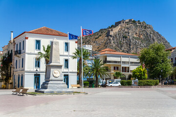 Nafplio, Greece, July 19, 2022. The Plateia Filellinon or Filellinon Square, with the monument in memory of the French who fell during the Greek Revolution