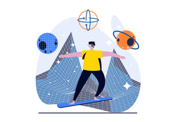 Metaverse concept with people scene in flat cartoon design. Man in VR headset interacts in virtual simulation riding board and playing in space simulation. Illustration visual story for web