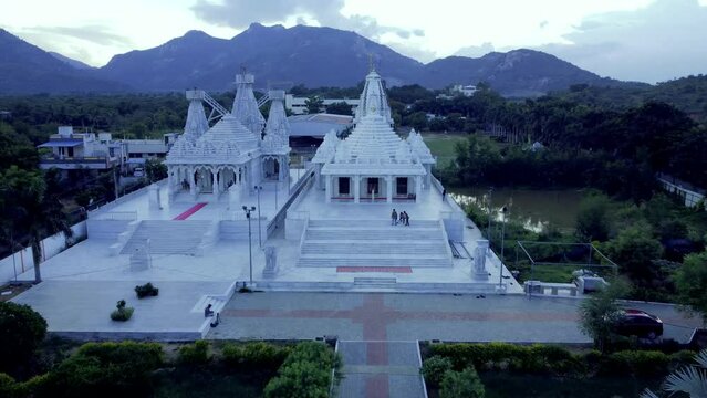 Tirupati, Sri Laxmi Narayan temple, India 4th August 2022: Aerial footage of a rare Laxmi narayan temple. Temples of India. 4k video. Hindu temples are also known as Mandir or dev stana in India.  