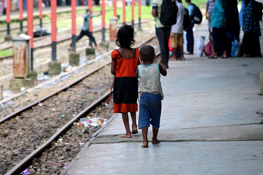 Two children are playing at sylhet railway station, Bangladesh. 