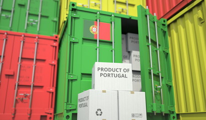 Cartons with goods from Portugal and shipping containers in the port terminal or warehouse. National production related conceptual 3D rendering