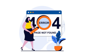 Page not found concept with people scene in flat cartoon design. Woman with magnifier looking for site with disconnects problem and fixing 404 access errors. Illustration visual story for web