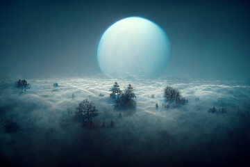 Illustration of big moon above the foggy forest