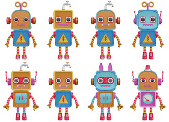 Set of Colorled robot cartoons illustration, 3d rendering