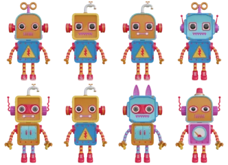 Muurstickers Robot Set van gekleurde robot cartoons illustratie, 3D-rendering