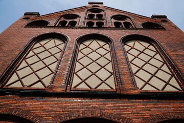 Details of a church facade in typical North German brick Gothic style. City of Salzwedel, Altmark...