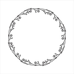 Vector hand drawn spring wreath isolated on white background. Outline circle of leaves. Doodle style. Floral frame.