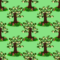 Obraz premium Vector - appletrees with fallen fruits seamless pattern.