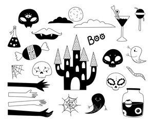 Halloween. A set of vector elements drawn in the doodle style