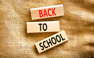 Back to school and support symbol. Concept words Back to school on wooden blocks on canvas....