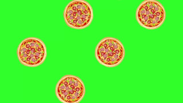 Pizza falling from the sky with green screen background. Seamless video, pizza animation. Abstract animation of animated pizza falling on the screen