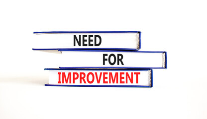 Need for improvement and support symbol. Concept words Need for improvement on books. Beautiful white table white background. Business and need for improvement quote concept. Copy space.