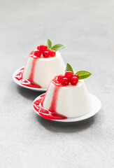 Vegan Red currant cream dessert, Panna Cotta with sauce, on a plate. Light gray background