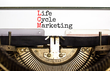 LCM lifecycle marketing symbol. Concept words LCM lifecycle marketing typed on the old retro typewriter on a beautiful white background. Business and LCM lifecycle marketing concept. Copy space.