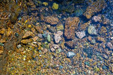 Small stones at the bottom of the river under a layer of clear water. Background from stones. Texture of water and stones.