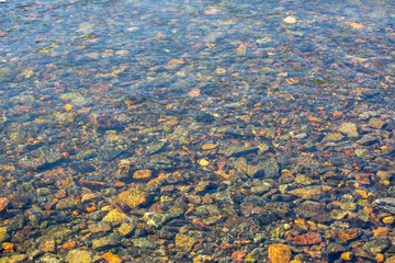 Small stones at the bottom of the river under a layer of clear water. Background from stones. Texture of water and stones.