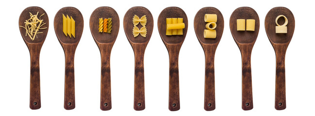 Wooden cooking spoons filled with various types dry pasta. PNG file