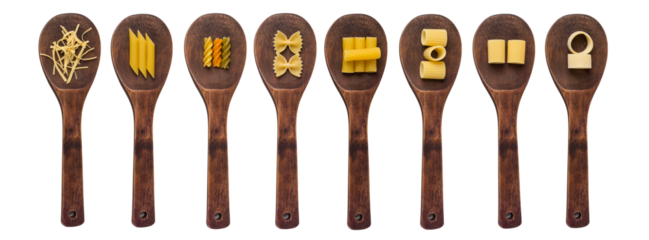 Wooden cooking spoons filled with various types dry pasta. PNG file