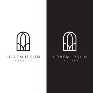Abstract elements of arch line vector logo, for the construction of doors, windows, buildings and architecture. On a black and white isolated background.