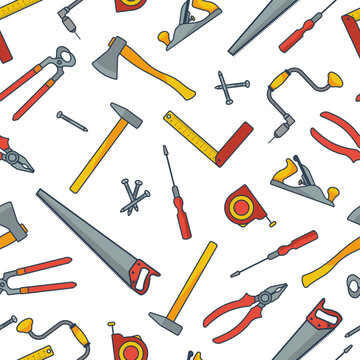 Seamless pattern of outline colorful carpentry tools for work of carpenter. Vector illustration in flat style