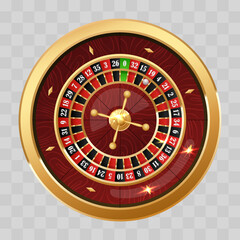 Golden casino roulette wheel with wood desk and cells with numbers isolated on transparent. Concept for casino design. Vector illustration for card, flyer, poster, article, banner, web, advertising.