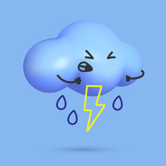 Vector 3d weather icon, blue cloud with hand drown yellow glowing lightning, thunder and and pushing emoji, angry smile. Vector illustration for postcard, banner, web, design, arts.