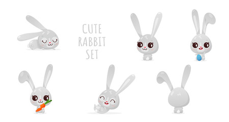 Set of cute gray rabbit in different poses, symbol of new 2023 year on white background. Vector illustration for postcard, banner, web, sticker, design, arts, calendar.