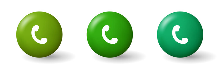 3d phone handset. White phone on a green background. Round phone button. Vector clipart in the style of claymorphism. Buttons isolated on white background.