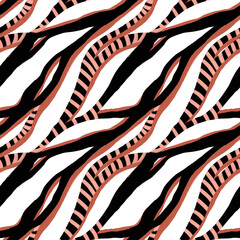Abstract white brown and black stripes, lines seamless pattern. Animal skin repeat print. Zebra fur, snake imitation design for textile, fabric, wallpaper, wrapping paper, decoration.