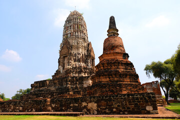 Fototapeta na wymiar Old Buddha at Old Beautiful Thai Temple Wat Ratburana at Ayutthaya, Ayutthaya Historical Park of Thailand