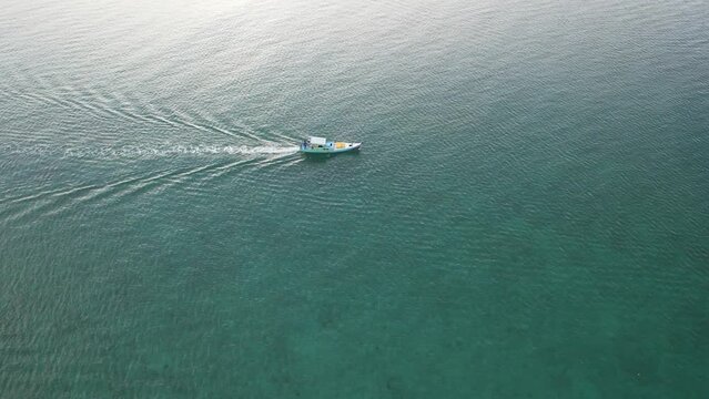 Aerial Boat view of sandy tropical beach in Belitung Island