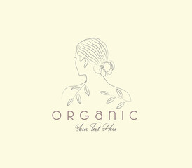 Beauty floral woman back side face line art drawing organic leaves feminine line logo vector design illustration