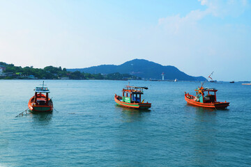 Three Small Ships sailed to shore at Samaesarn Island Chonburi Thailand, Sea in Thailand