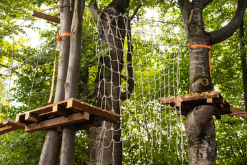 The bridge of logs tied to the ropes, part of a ropes course