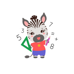 School student animal math school subject vector. Cute elementary student little animal holding triangle ruler and pencil. Mathematics learning primary education. Counting numbers studying.