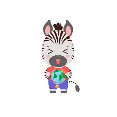 Fototapeta na wymiar School student animal holding globe. Social studies geography learning. Elementary school subject vector illustration cartoon style. Kawaii animal student. Cute zebra logo or mascot.