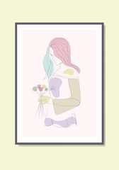 Beauty flowers in the woman's hand floral girl line art drawing wall decorative poster vector illustration 