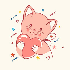 Cute lovely kitten with a heart. "I love you" concept. Sticker, doodle korean style illustration for print, social media post , card for st.Valentine's day.