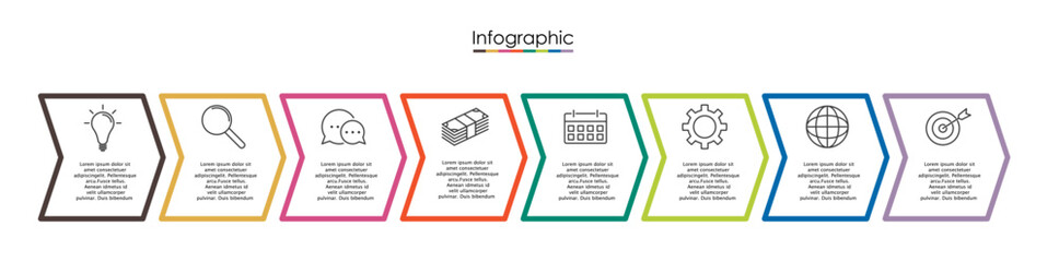 Vector infographic template with eight steps or options. Illustration presentation with line elements icons.  Business concept design can be used for web, brochure, diagram, chart or banner layout.
