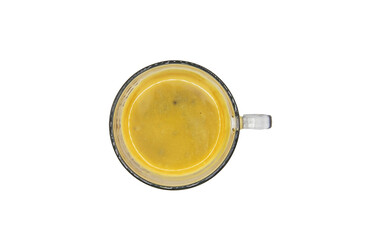 Top view close up of isolated transparent glass cup with crema coffee, transparent background