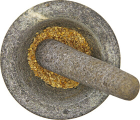 Top view close up on isolated gray basalt stone mortar with  pestle and spices, transparent...