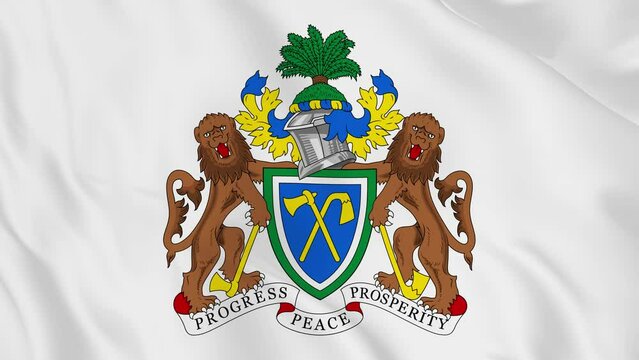 national emblem coat of arms or symbol of Gambia in waving flag. smooth 4k video seemless loop