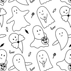 a pattern from a set of ghosts drawn with a thin line on a white background. Vector