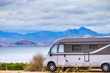 Rv motor home camping on beach, Costa Blanca in Spain