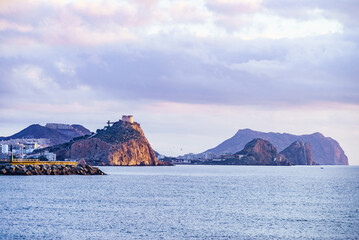 Coastline with castle on cliff, Aguilas, Spain