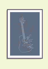 Flower Guitar Flat Hand Drawn Line Art Musical Instrument Dark Wall Art Poster Design Dark Poster Art