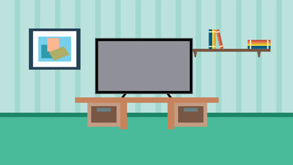Comfortable chair, tv and house plants. Vector flat illustration