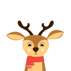 Cute deer with red scarf. Cartoon character for winter Christmas design. Isolated vector illustration. 