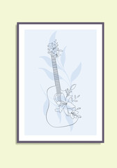 Flower Guitar Flat Hand Drawn Line Art Musical Instrument White Wall Art Poster Design Minimal Illustrations 